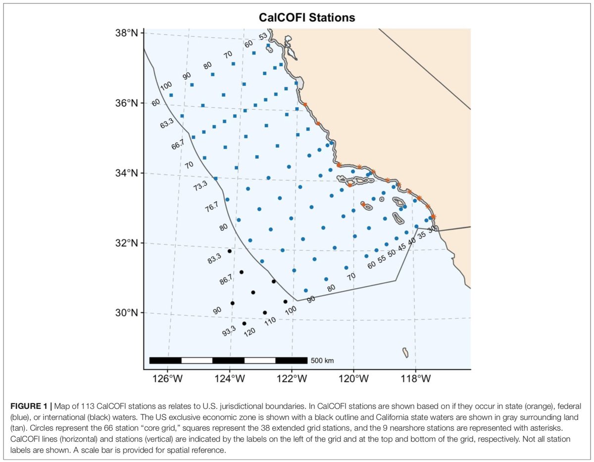 For the spatial approach, we identified overlap between  #CalCOFI's sampling footprint & state & federal management jurisdictions. 16 stations are in state waters, 89 stations are in federal waters, and 8 stations are outside the US EEZ. Ship-based sampling is done at each station
