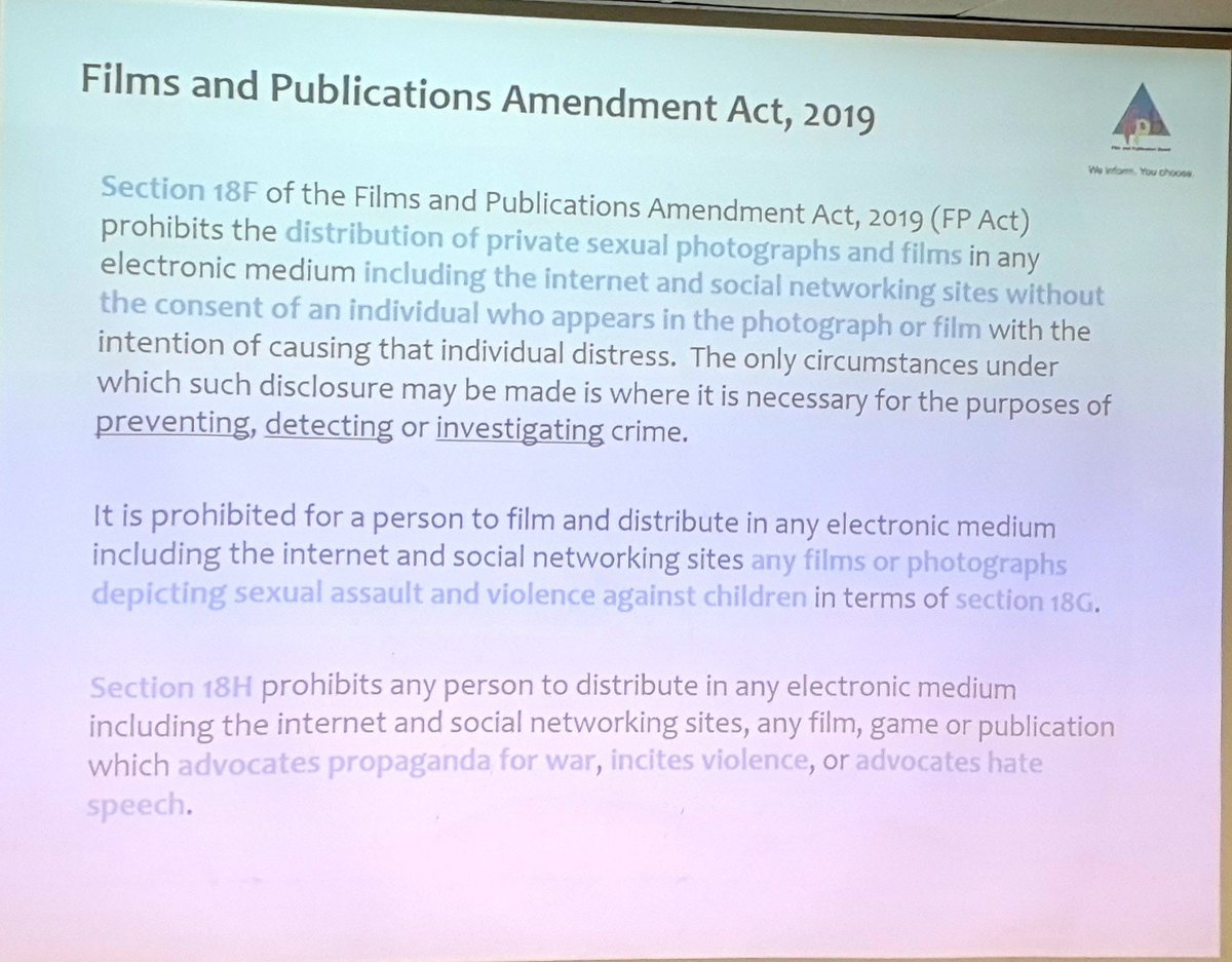 FPB_ZA's tweet photo. The Amendment Act prohibits the distribution of private sexual photographs & also sexual assault and violence against children. Penalties can be up to R150K or jail sentence #LEAworkshop #Protectourchildren https://t.co/pNBur0XgLE