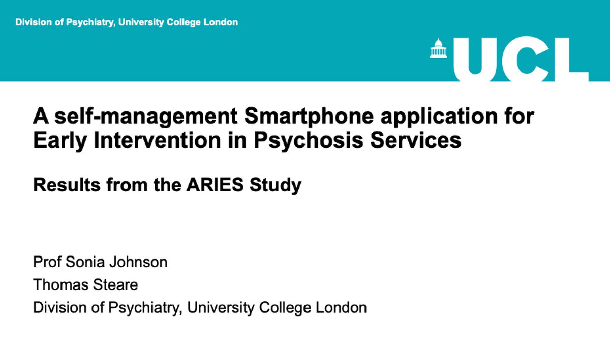 Our first speakers at  #DigitalMHNextSteps are Prof  @soniajohnson Director of  @MentalHealthPRU & Thomas Steare  @tomsteare Research Assistant at  @UCLPsychiatry who will be presenting the  @AriesStudyUCLA self-management Smartphone app for Early Intervention in Psychosis Services