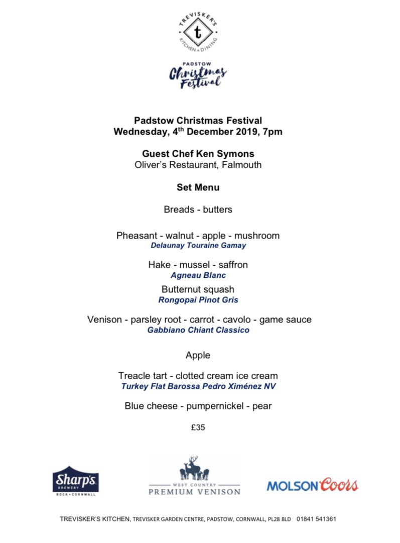 Wednesday, 4th December, 7pm. 

£35 for 7 courses! ☎️01841 541361 
e-mail hello<a href="/treviskers/">Trevisker’s Kitchen</a>.com 
Vegetarian menu also available.
 Chef @chefkensymons is cooking at @treviskers to celebrate <a href="/PadstowXmas/">Padstow Christmas Festival 🎄</a> Festival week.