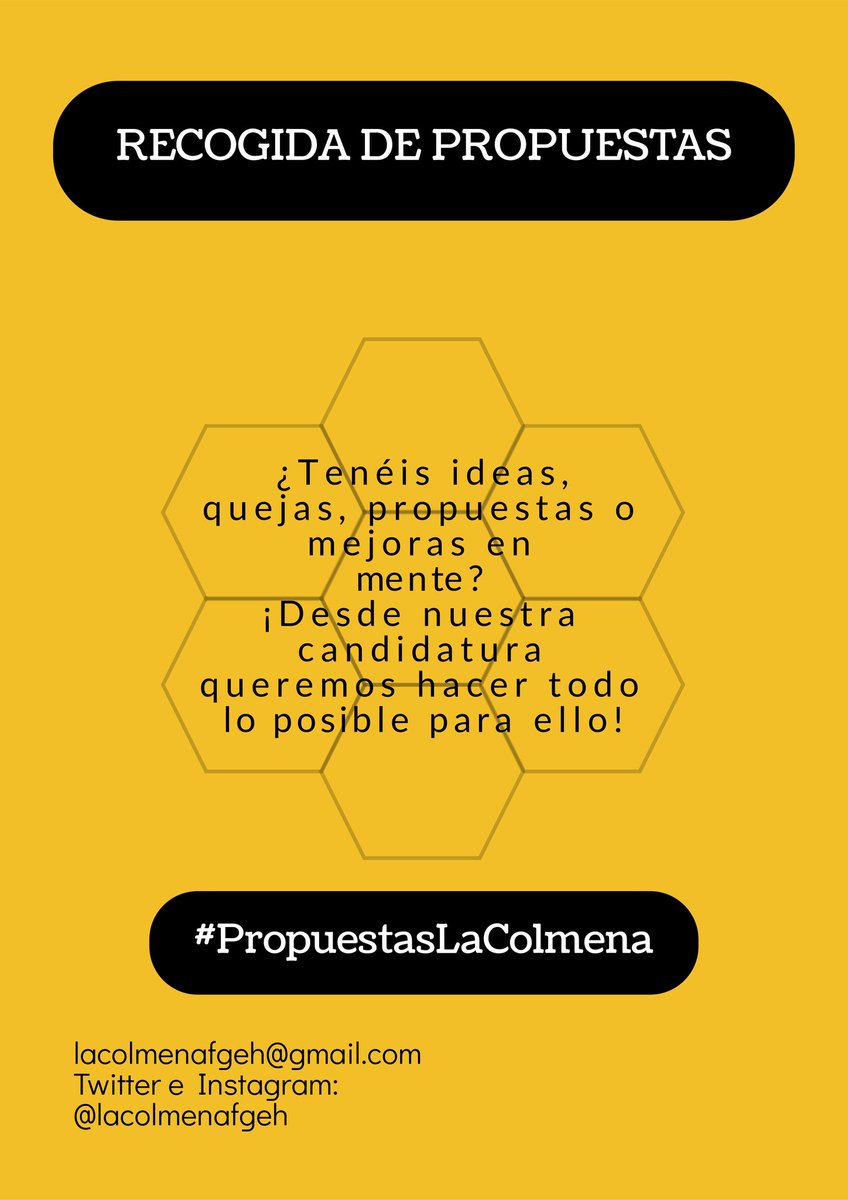 LaColmenaFGeH's tweet photo. Os dejamos por Twitter el hashtag #PropuestasLaColmena, y por Instagram historias en las que podéis participar.
Desde La Colmena buscamos la representación directa de los estudiantes, y qué mejor forma que saber de primera mano qué os preocupa. https://t.co/xY33M32Ljh