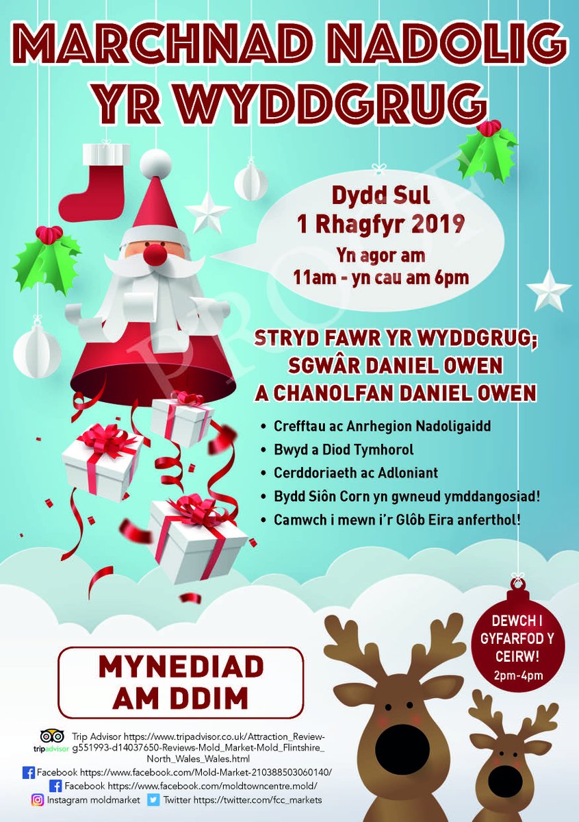 Don't forget this weekend is the Mold Christmas Market.  Lots of lovely stalls to buy from, a visit from Santa, his reindeers and a massive Snow globe that you can go into take your selfies! Also, we have a FREE park and ride from County Hall, Mold. #christmasmarket #Mold