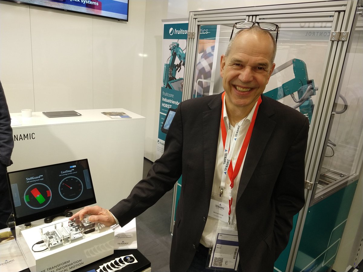 embedded_comp's tweet photo. Michael Randy, CEO of #Trinamic, with their motor control demonstration of their StallGuard self-sensing load angle and CoolStep current control functionality.
#sps_live #sps19 @Trinamic_MC https://t.co/8qzx36EQN5