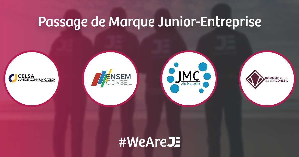 Toutes nos félicitations à l'ensemble de <a href="/JMCAixMarseille/">Junior MIAGE Concept Aix-Marseille</a> pour son passage de marque ! Votre travail a enfin porté ses fruits 👏 
Bravo également à @juniorcom_celsa <a href="/ensem_conseil/">ENSEM Conseil</a> <a href="/SPLJConseil/">Sciences Po Lille Junior Conseil</a>

#WeAreJE