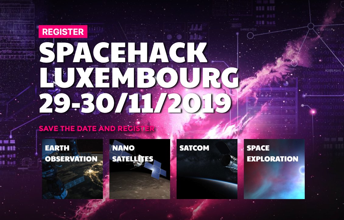 #SpaceHack 🚀 Luxembourg! 

Enhance your entrepreneurial and innovation management practices through experiential learning: from #EarthObservation and #NanoSatellites to #Satcom and #SpaceExploration. Join on 29-30/11/2019 at @Technoport_lux.

🔗 go.space-agency.lu/spacehack