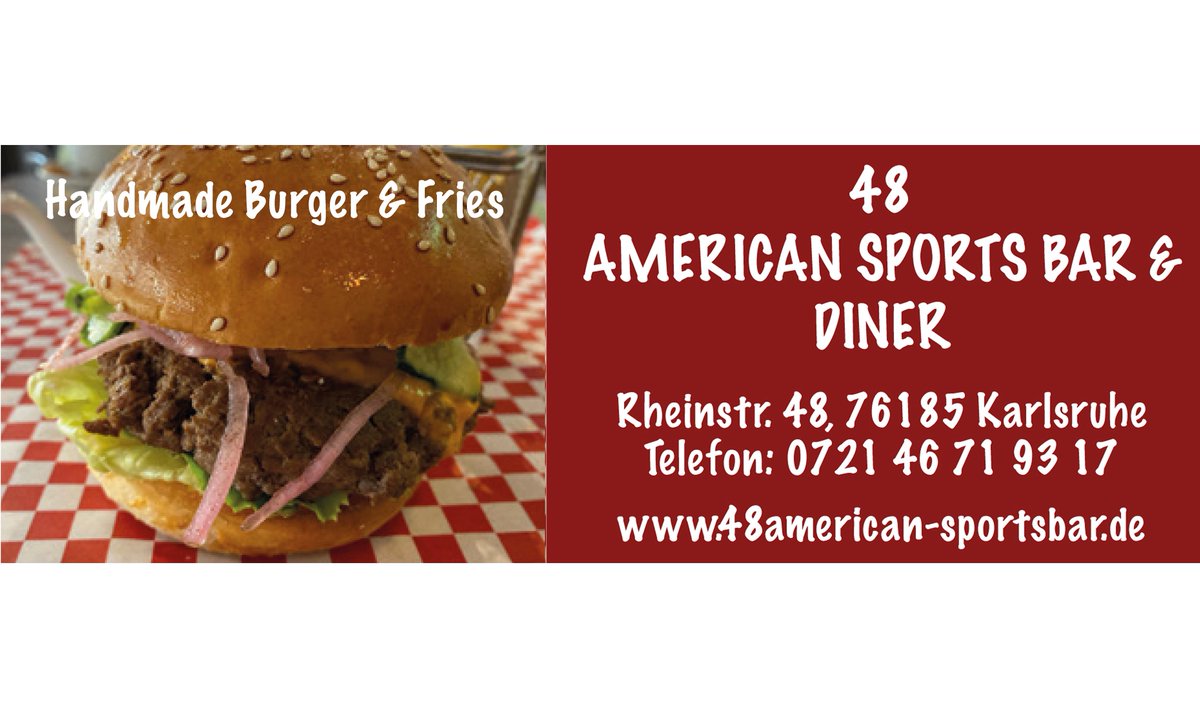 In der 48 American Sportsbar können Sie hochqualitative und schmackhafte Handmade Burger &amp; Fries in Karlsruhe genießen. Für die Burger werden 100-prozentiges Rindfleisch genutzt und alle Zutaten werden jeden Morgen fisch vorbereitet. #anzeige #americansportsbar  #fächernews
