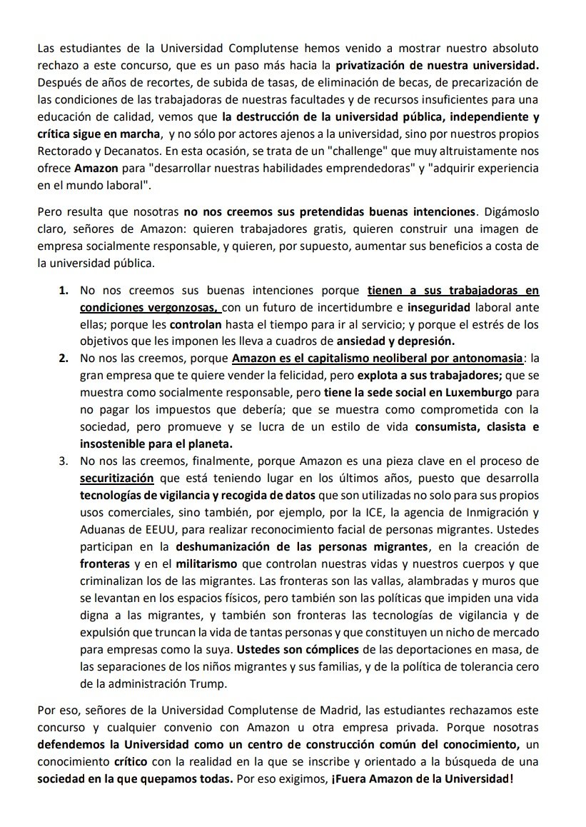 Las estudiantes de la UCM no permitimos la entrada de las empresas privadas en la universidad, y señalamos este "challenge" de <a href="/amazon/">Amazon</a> como parte de una estrategia por la destrucción de la universidad como espacio independiente y crítico. Sacad vuestras garras de lo público!