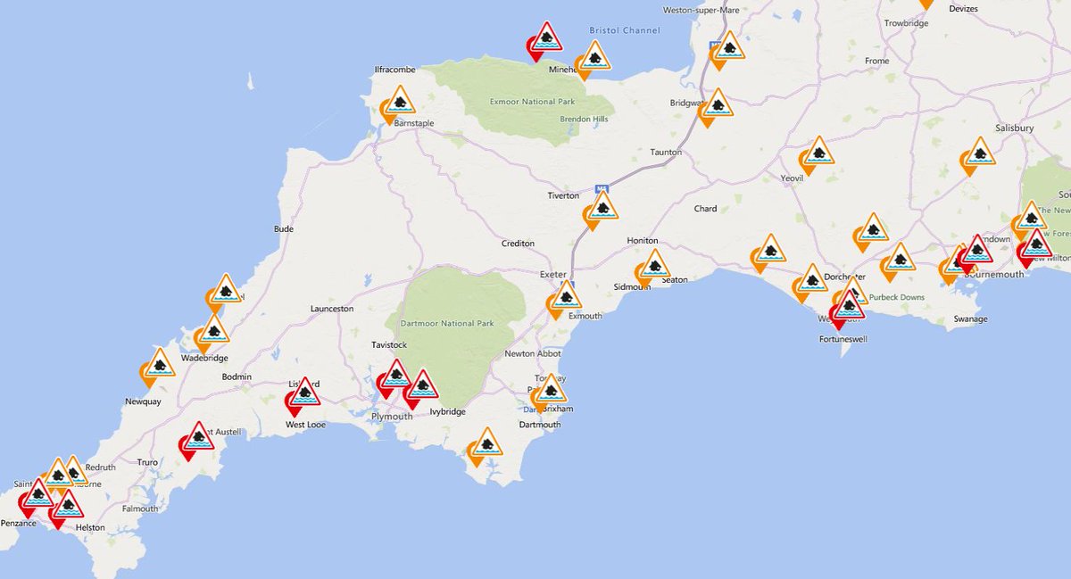 There are ten flood warnings in place for the South West. Nine are on the south coast. These remain in place until the high tides have passed. A busy night for our teams out on reconnaissance and responding where needed: …od-warning-information.service.gov.uk/warnings