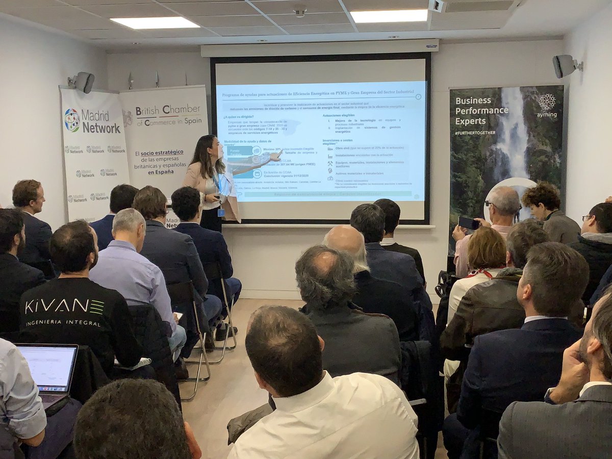 MadridNetwork's tweet photo. Sara Sierra de @ayming_es explica las ayudas para actuaciones de eficiencia energética en pyme y gran empresa del sector industrial @britchamberESP #totalsolar https://t.co/iCXlPND5T9