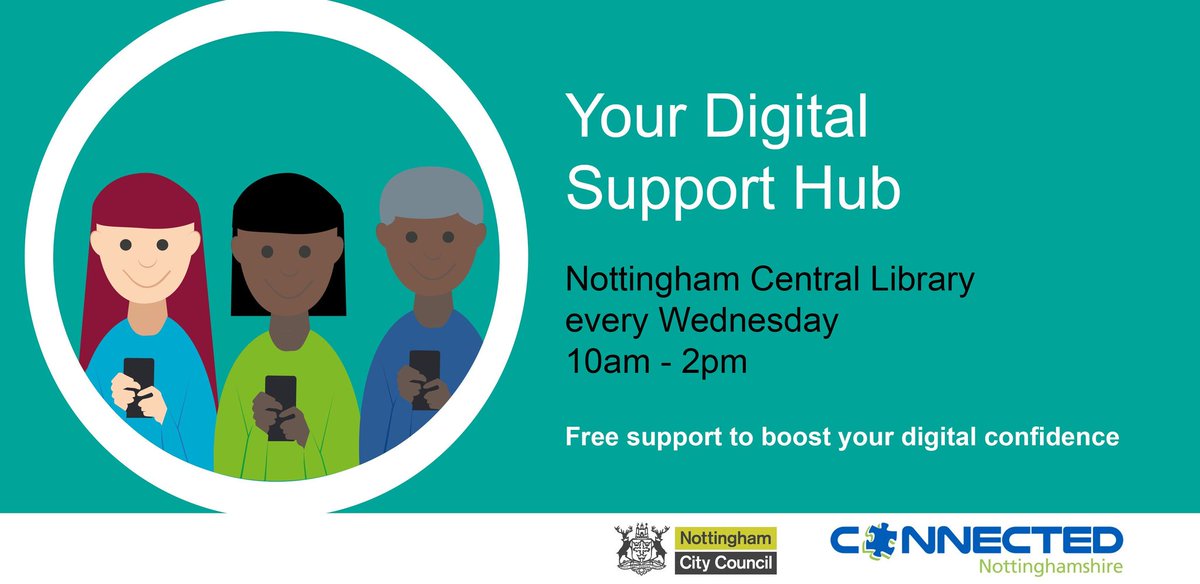chitraacharya's tweet photo. Know someone who needs a confidence boost in getting online?
The #DigitalSupportHub with @Connectnotts is here to help them
Drop in today & every Wednesday @readingnottm @MyNottingham Central Library 10am-2pm
https://t.co/NXpMIqoe4e
#NHSApp
@NHSDigital
@NHSX
@NHSNottingham https://t.co/neIGw3HH68