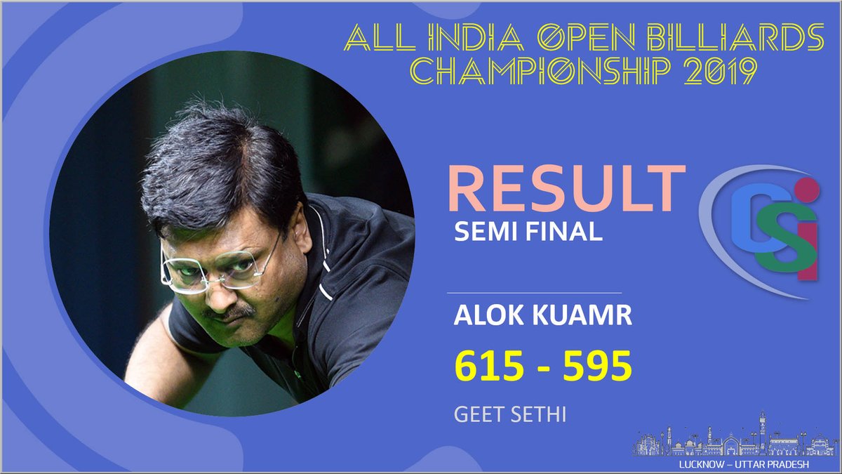 cuesportsindia's tweet image. RESULTS - SEMI-FINAL-2 : All India Open #Billiards (#TimeFormat) Championship 2019, #Lucknow, #UttarPradesh

Alok Kumar vs. Geet Sethi
Geet Breaks : 102, 120