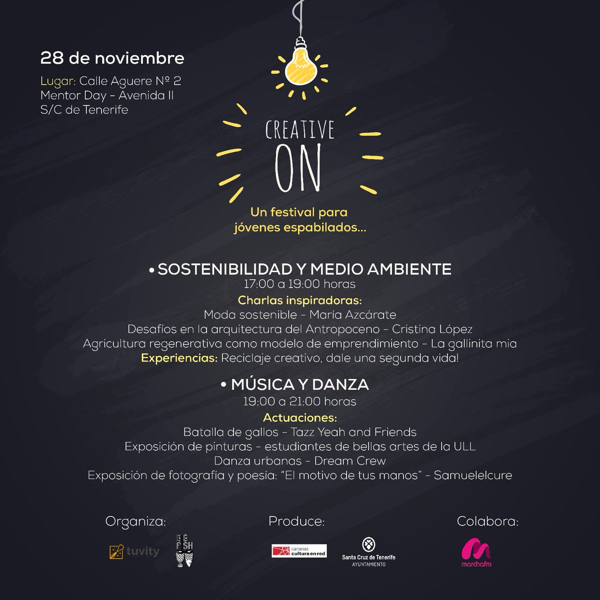 mentorday_org's tweet photo. Esta tarde comienza en nuestra sede #CreativeON, un festival de talento y creatividad para jóvenes espabilados que los reúne para expresar pasiones, vivencias y mensajes a través de diferentes disciplinas.
📍C/Aguere, 2 S/C de Tenerife
🎟️Entrada gratuita https://t.co/OYYQBimRJv https://t.co/FzPkxejZIb