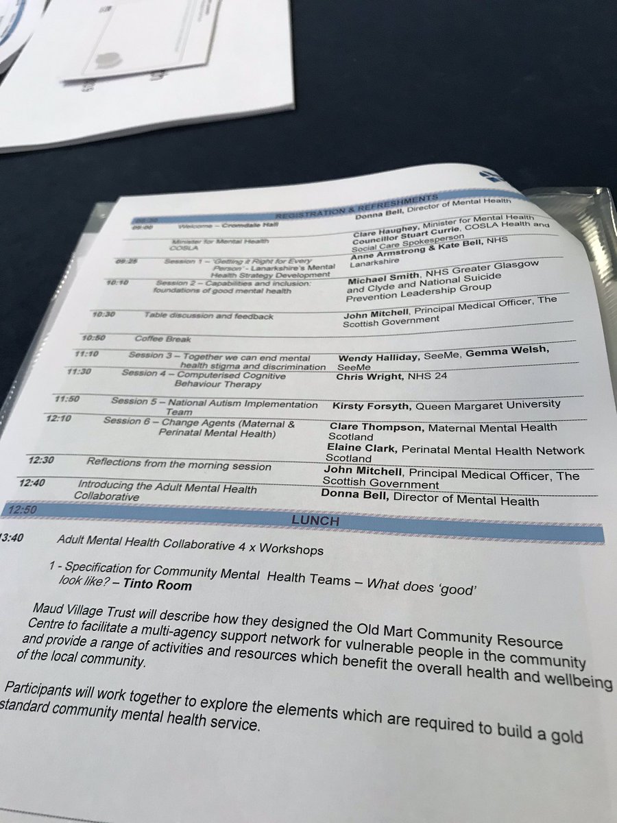 A packed day ahead! Kate Bell is currently telling us all about Lanarkshire’s MH strategy, and the processes around developing it. #ScotMentalHealth2019