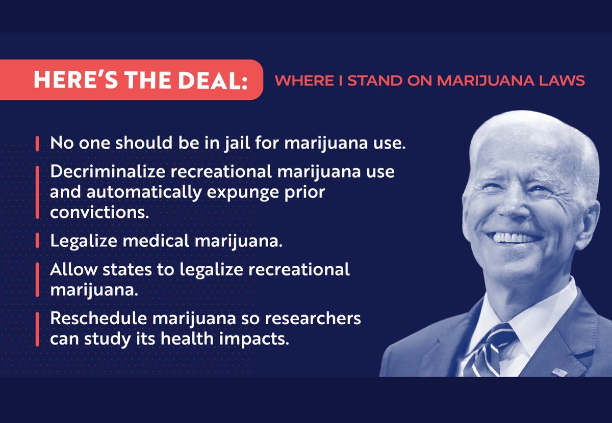 What Biden said was: no one should be in jail for marijuanato decriminalizeand reschedule marijuana to a schedule 3..Let states decide.Expunge prior convections.Supports medical marijuana. #Biden  #legalization  https://twitter.com/BoKnowsNews/status/1196158145019535360?s=19