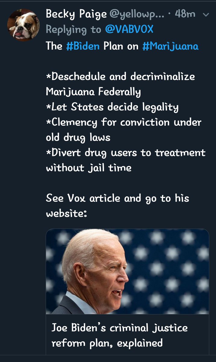 What Biden said was: no one should be in jail for marijuanato decriminalizeand reschedule marijuana to a schedule 3..Let states decide.Expunge prior convections.Supports medical marijuana. #Biden  #legalization  https://twitter.com/BoKnowsNews/status/1196158145019535360?s=19