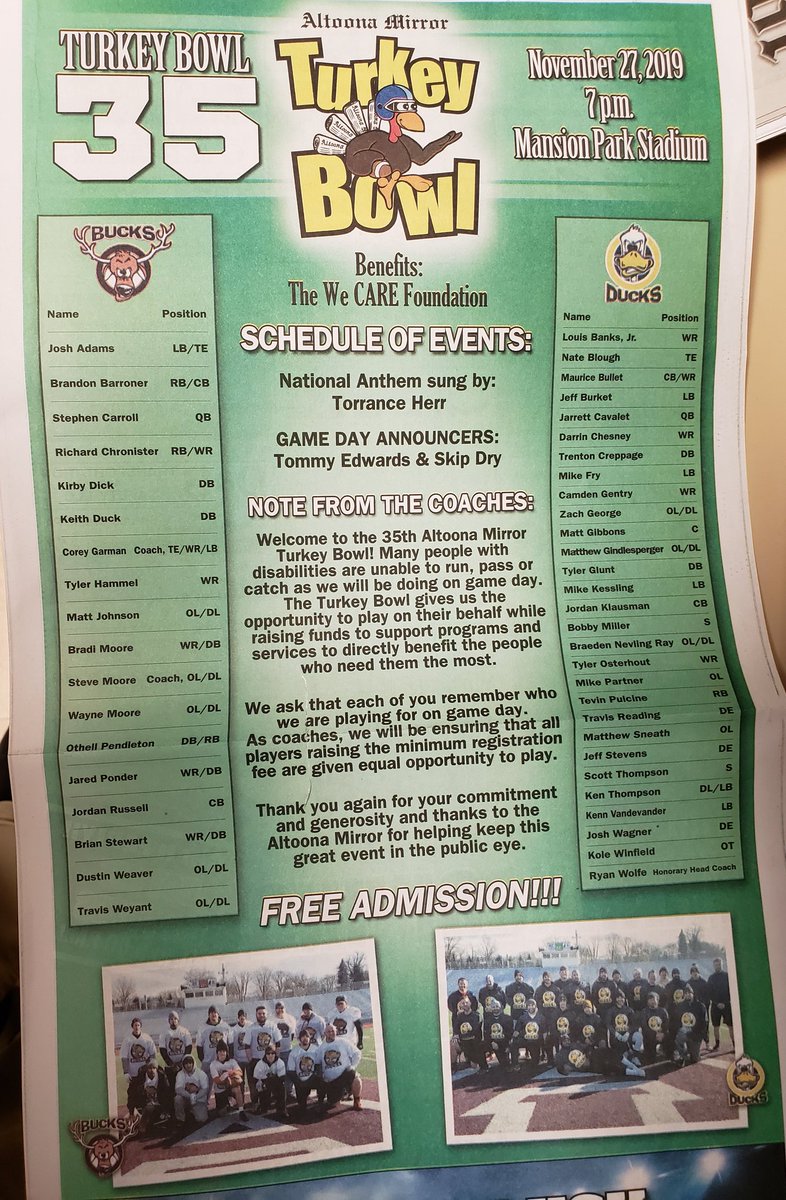 THE_CoachV's tweet photo. Come out tonight to the 35th Annual Turkey Bowl between the Ducks &amp; the Bucks @ Mansion Park in Altoona, PA. Kickoff is at 7pm!!! All proceeds benefit the We CARE Foundation Charity for Kids!!! #TurkeyBowl #DucksVsBucks #WeCAREFoundation 🦆🏈🦌 https://t.co/Rxm99xAdgb