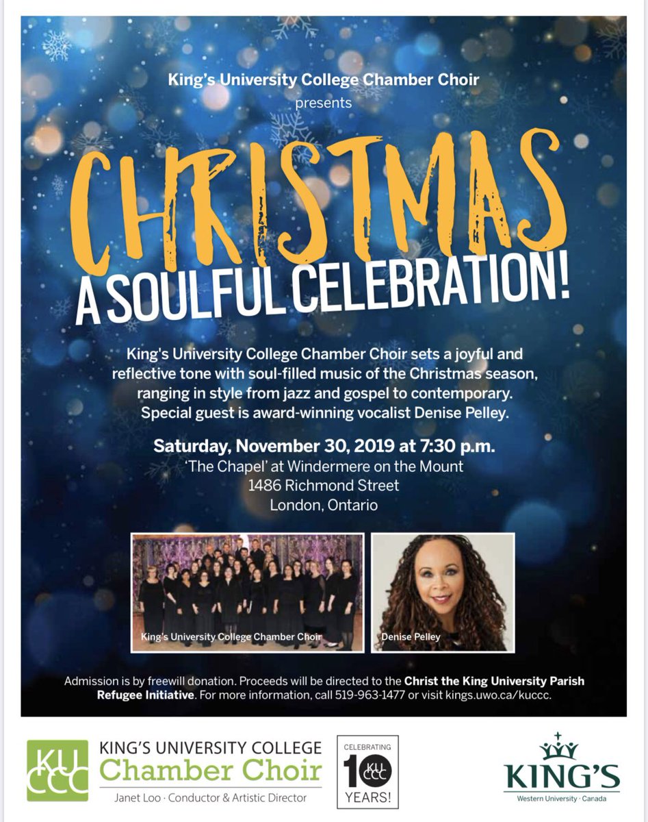Our Christmas concert wsg Denise Pelley Nov 30 7:30pm in Chapel @ Windermere on the Mt. Admission freewill donation, proceeds 2 @kingscampusmin refugee sponsrship fund. @kingsatwestern @DOL_ca @kingsprincipal @KUCalumni @kucsc @LdnArtsCouncil @LDNMusicOffice @LDNENT @fclmalondon