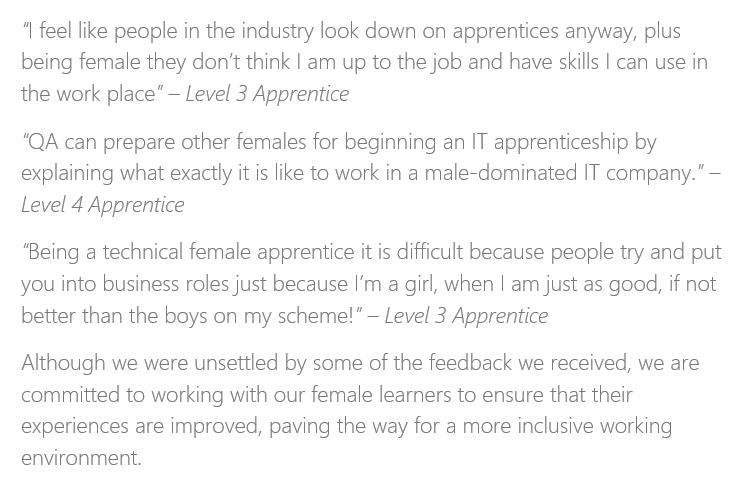 QA_LS_team's tweet photo. We have been speaking with some of our current female learners and they have been giving us an insight into the experiences they’ve had as female apprentices within the IT industry. Here are some of the comments we received. #WeAreTechWomen #Diversity https://t.co/OO0GdicEmA