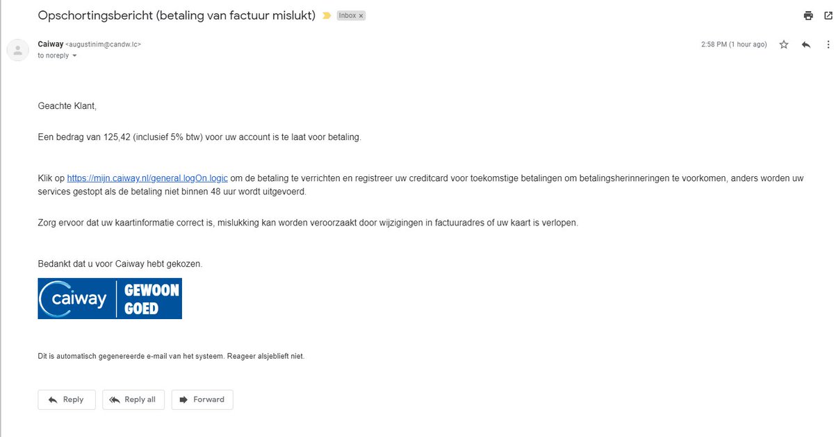 redcat2102's tweet photo. @Caiway ik ga ervan uit dat dit niet van jullie afkomstig is. Phishing emails https://t.co/kSLNUvcTO8