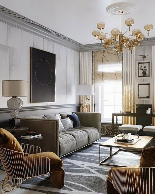 DecorumEstLnd's tweet photo. I N S P I R E D - Loving everything about this elegant living room decor. From the wallpaper, the modern looking blind style, the curtains’ gradient, the lights, and the golden accents, and the overall colour palette. #Perfection #Inspiration https://t.co/7cks5HOnxZ https://t.co/Ai1nHMJ0ri