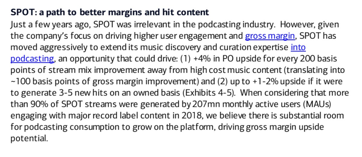 More on Spotify's business model leverage from BAML's Podcast research: $SPOT has +4% in upside in price objective for every 200 basis point shift in stream mix towards podcasts (away from high cost streaming) & another +1-2% for every 3-5 new "hits" it can create via Gimlet.