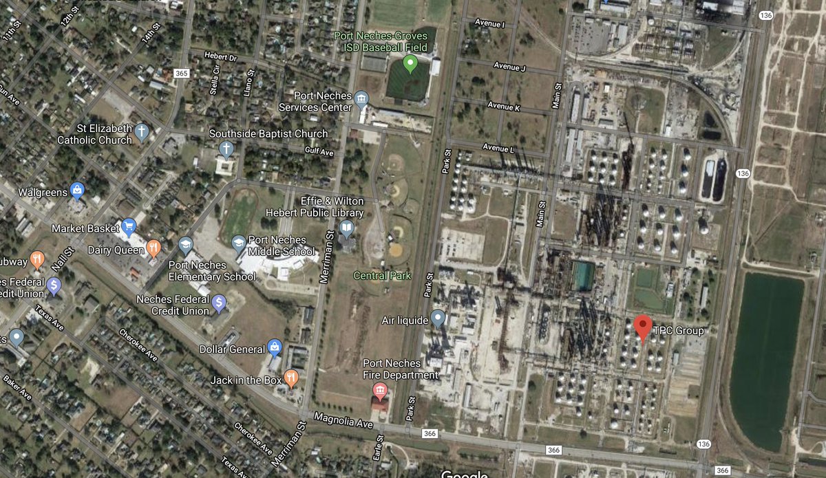 This Google Maps screenshoot of the TPC Plant highlights its proximity to local neighborhoods, businesses, and schools, including the Port Neches Middle and Elementary schools.