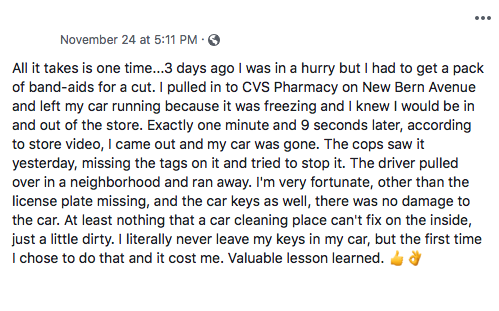 raleighpolice's tweet photo. DON'T LEAVE YOUR CAR RUNNING WHILE GOING INTO THE STORE FOR "JUST A MINUTE."
#TrueStory #GotItBack #RPDpromise https://t.co/DtRS35OHVB
