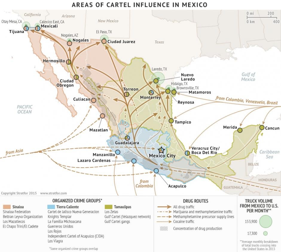 This map by Stratfor shows cartel presence combined with drug routes from China and South America