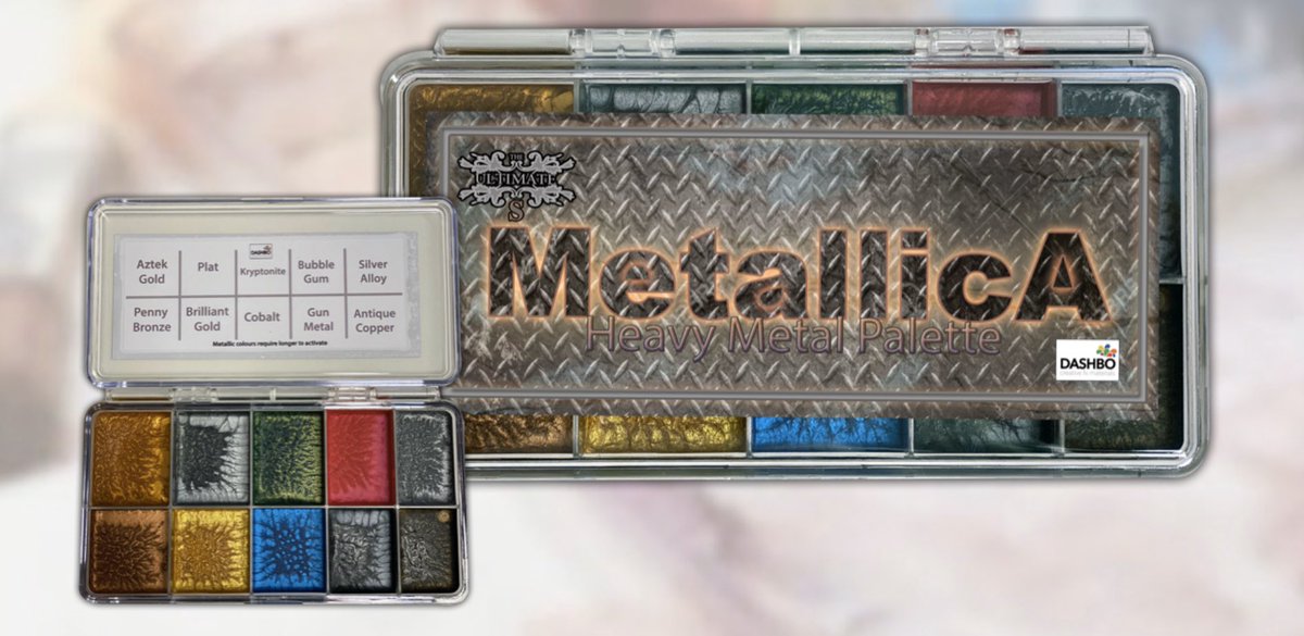 INTRODUCING: The Metallica Palette 10 vibrant metallic tones for surface finishing on skin or prosthetics to give that real metal look. 

mrdashbo.com/metallica.html