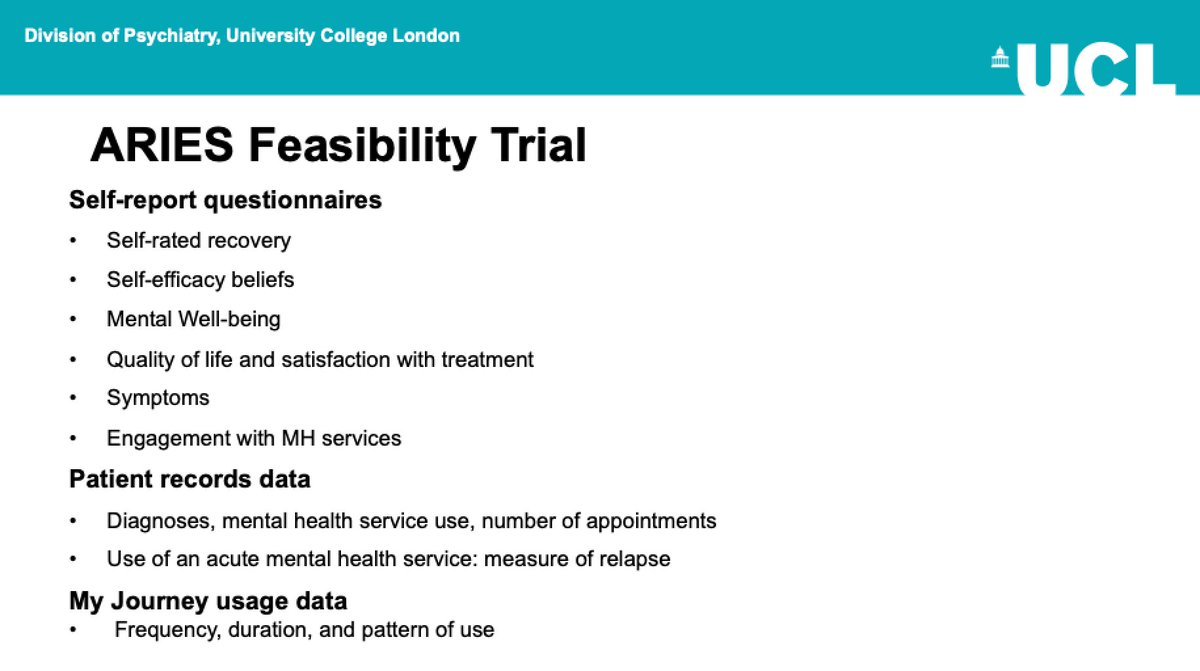 . @AriesStudyUCL at  #DigitalMHNextSteps1. Successful feasibility trial of Smartphone-app in mental health services2. Larger trial now possible, to see if My Journey app is effective in improving MH outcomes3. Support from clinical staff varied. Some people liked it, some didn’t