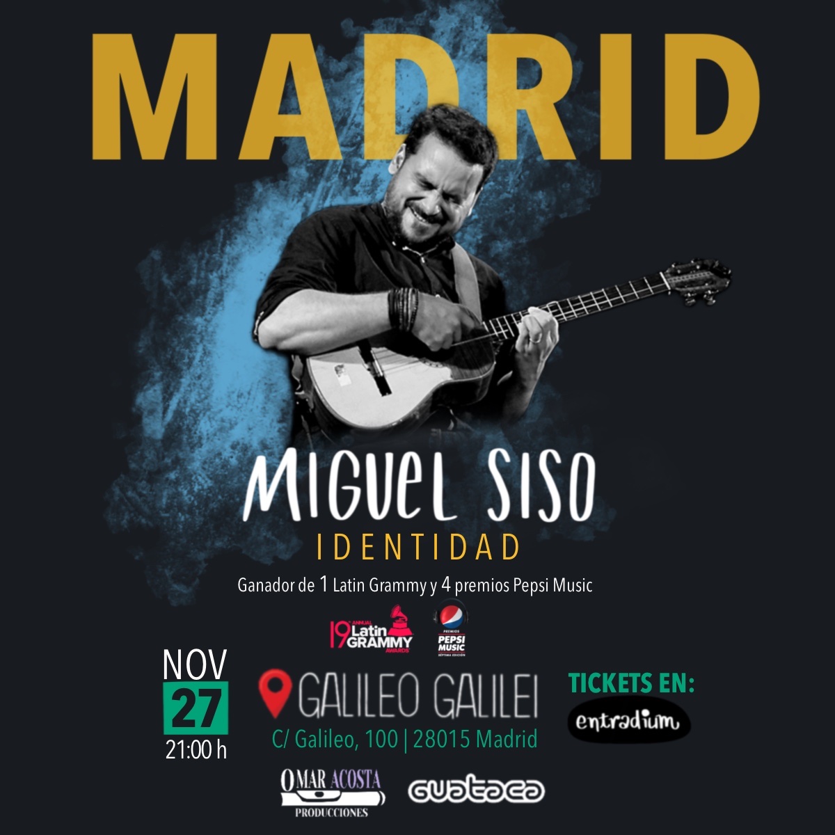 ¡#Madrid se vuelve #hoy capital de la #músicavenezolana!  .<a href="/soymiguelsiso/">Miguel Siso</a> estará en concierto en la <a href="/salagalileo/">Sala Galileo Galilei</a> junto a los músicos <a href="/JhonnyKotock/">Jhonny Kotock</a>, <a href="/omaracostad/">Omar Diaz</a>, <a href="/elgatomoran/">El Gato Morán</a>, <a href="/PacoSotoIvars/">Paco Soto</a>, <a href="/HectorUrribarri/">Héctor Urribarrí R</a>, Yrvis Méndez, Lucas Sánchez y Julio Alcocer. Aún estás a tiempo!