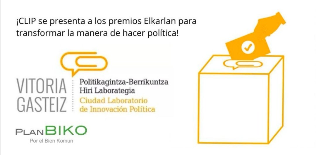 ¿Nos ayudas a dar un pasito más 👣 en el objetivo de regenerar la política desde nuestras ciudades y territorios?
¡Vota el proyecto CLIP 📎  a los premios Elkarlan! 👉 irekia.euskadi.eus/mobile/es/deba…
Eskerrik! 🤗 ¡¡Seguimos!!
