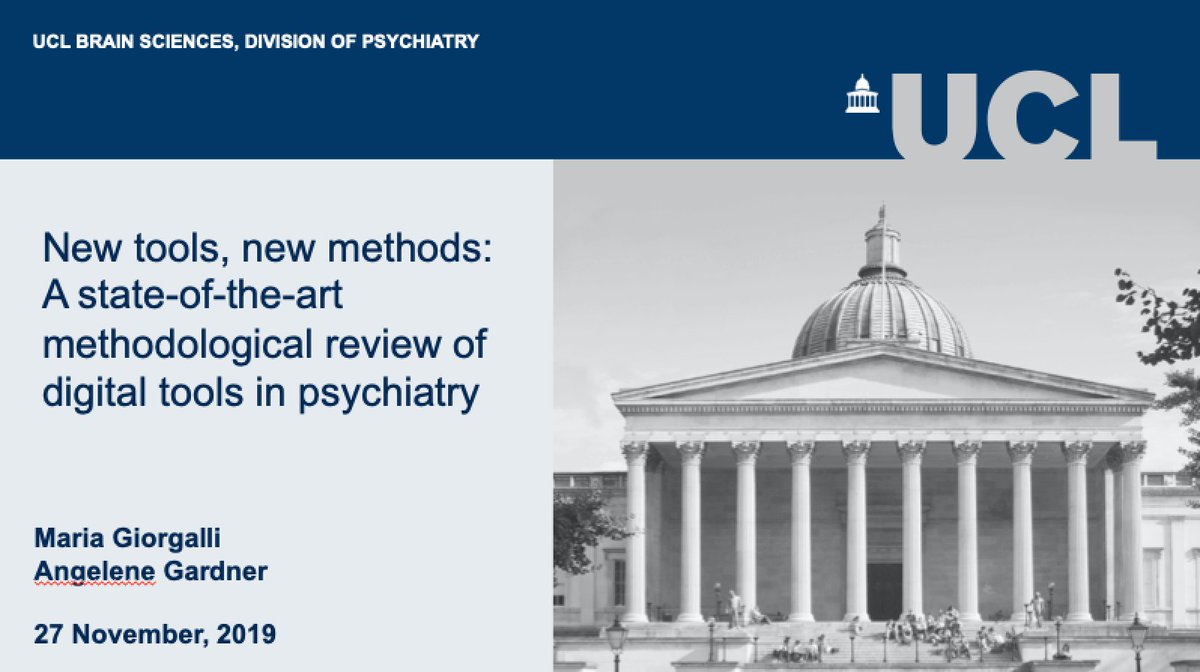 Our next speaker is Maria Giorgalli  @mariagiorgalli who will be talking about New tools, new methods: A state-of-the-art methodological review of digital tools in psychiatry  #DigitalMHNextSteps