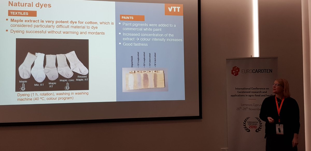 AnneliRitala's tweet photo. Natural #dyes and #antimicrobial's for cosmetics - We should use the autumn leaves @SuviHakkinen @VTTFinland #eurocaroten2019 https://t.co/gR7oVf1WVp