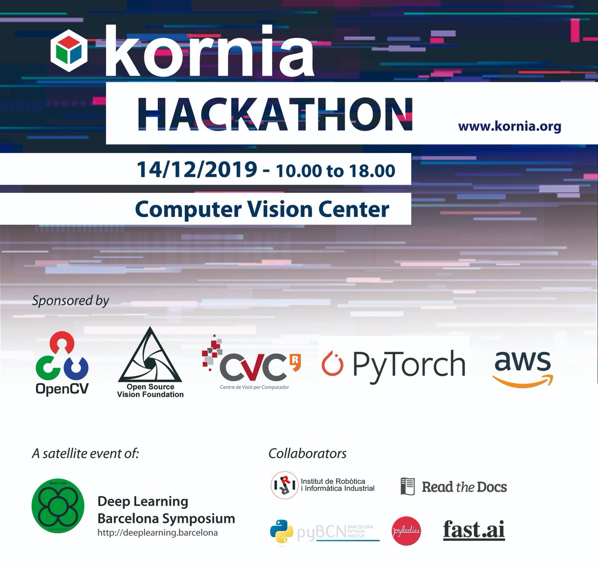 CVC_UAB's tweet photo. 📢to our #tech #AI #ComputerVision community! 
We will be hosting the #HackathonKornia19 on Dec 14th at CVC. We will have a full day session on differentiable computer vision with PyTorch, with @edgarriba and @ducha_aiki 
🗒️Registration here: https://t.co/DUO4ezKqes https://t.co/jpsUKLueOS