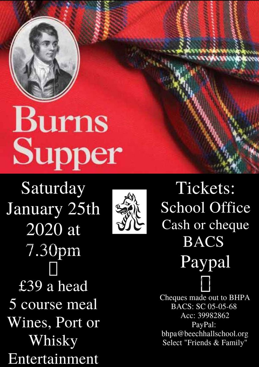 Beat the January blues with a celebration of the famous poet’s 260th birthday!! Great atmosphere along with a splendid feast will keep you entertained not only on a culinary level but also a great opportunity to meet new parents and friends! Tickets on sale now!!! #burnsnight
