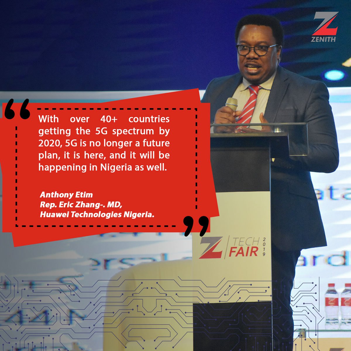 ZenithBank's tweet photo. Mr. Anthony Etim, representing Huawei Technologies Nigeria, Managing Director, Mr. Eric Zhang; speaking on the opportunities of 5G in Nigeria at the #ZenithTechFair #ZenithFutureForward https://t.co/wihxZtwoYt