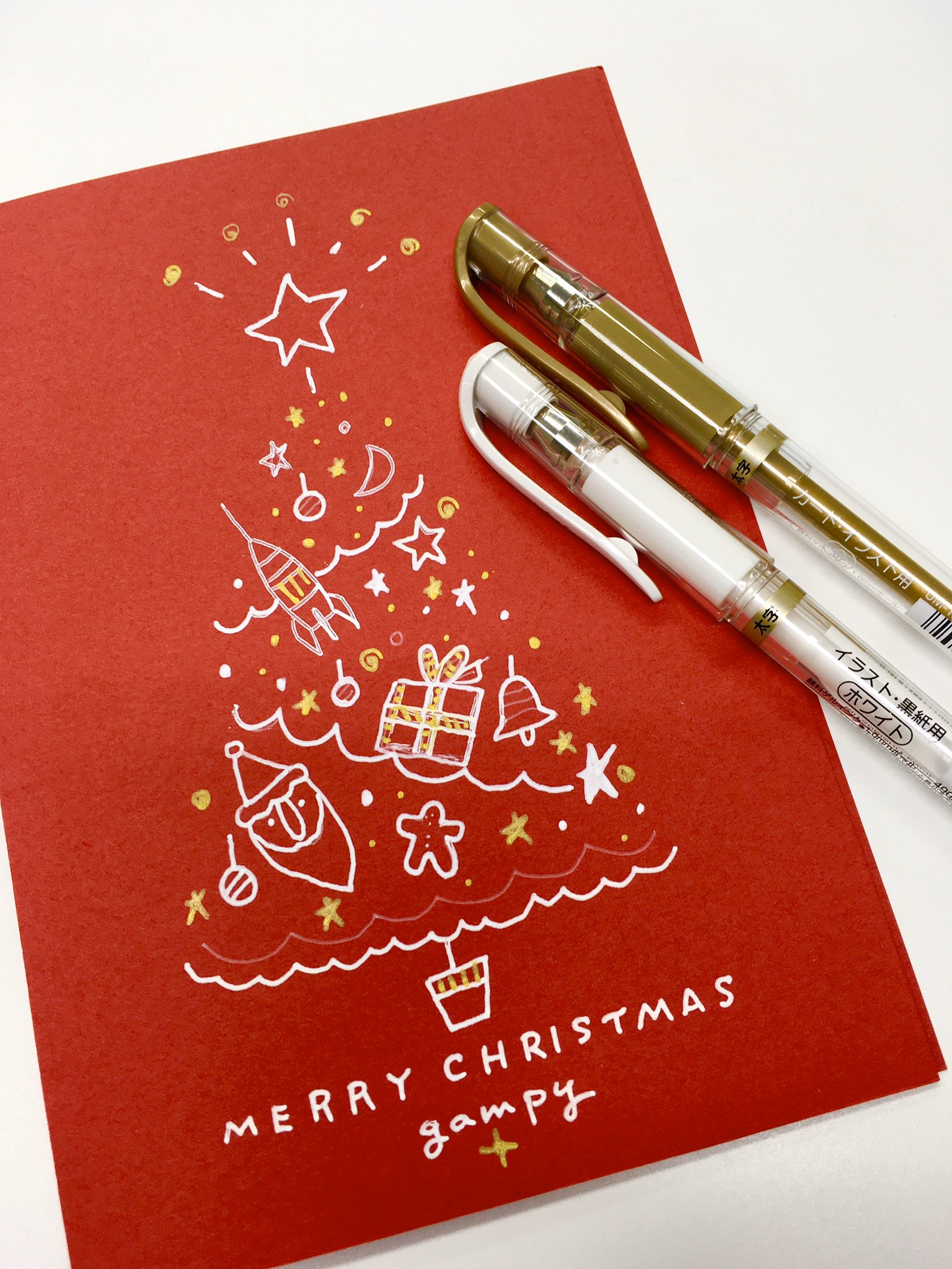 Yuko Ganpuku これも今夜のデモンストレーション 赤い画用紙に 白と金のボールペンで 手軽に楽しめます 大阪習い事 クリスマスカード T Co Tlap9ugph3 Twitter