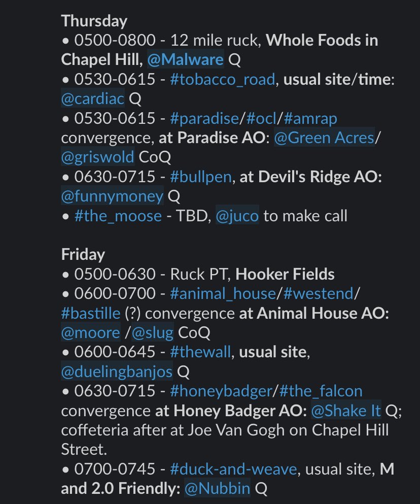 honeybadgerF3AO's tweet photo. Lots of convergences and 2nd Fs to be thankful for!  Here are all of the schedule changes for Churham!  Please note the location and time change for Thursday’s Bullpen.  The Honey Badger will meet at our normal location , but with a 0630 start, coffeteria to follow.@F3Churham https://t.co/lHTZoCzArW