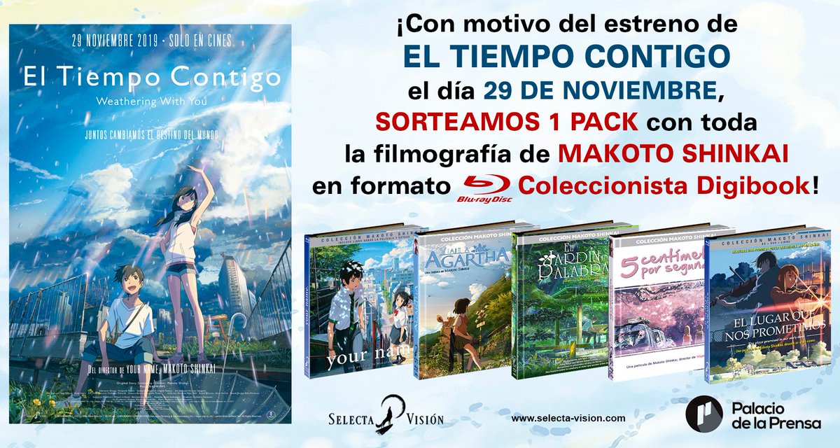 palacioprensa's tweet photo. Este viernes 29/11 estrenamos #ElTiempoContigo

Sorteo de toda la filmografía de Makoto Shinkai gracias a @SelectaVision 

PARTICIPA
Sigue @palacioprensa @selectavision + RT + ¿Cómo se llama el primer largometraje escrito y dirigido por Makoto Shinkai?
 
https://t.co/HhPfTzoOdi https://t.co/JUHKqRSVeR