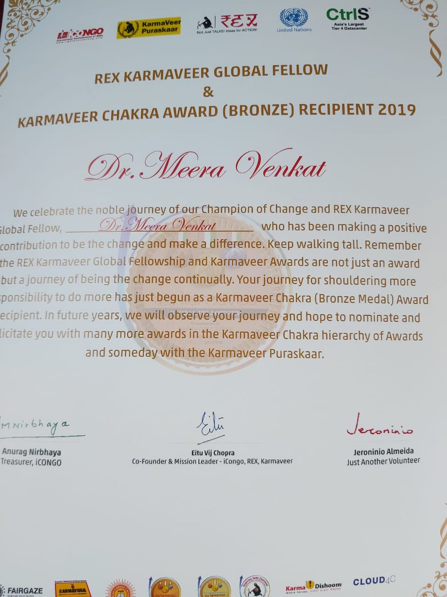 We_LEED's tweet photo. #RaiseGlobal #WeLEED #DrMeeraVenkat
With Divine blessings , Dr.Meera Venkat was fortunate to be awarded Rex Karmaveer Global fellow and Karmaveer Chakra Award 2019 by icongo and United Nation at Delhi today. This is one of the Prestigious Award for contributing to the society. https://t.co/5xvkFVmcSw