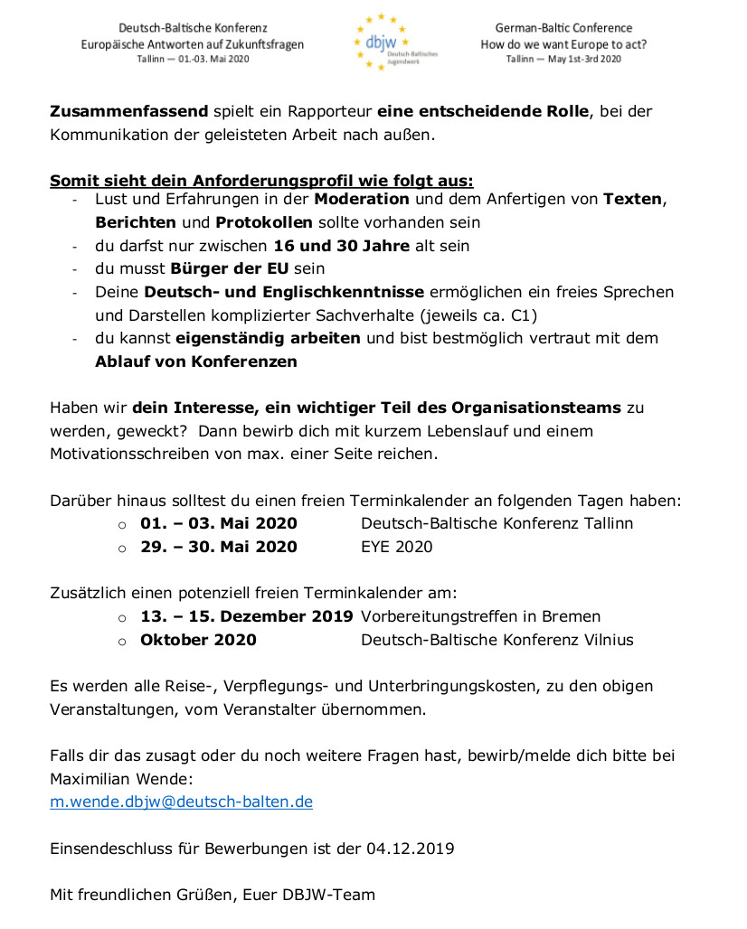 dbjugendwerk's tweet photo. Hast Du das (Schreib-)Zeug zum Rapporteur?

Vom 01. – 03. Mai 2020 findet die zweite Deutsch-Baltische Konferenz in Tallinn statt. Für dieses große Event, bei dem der Austausch und das Zusammenkommen von Jugendlichen im Vordergrund steht, suchen wir, das DBJW, noch Rapporteure... https://t.co/I6RfXBYHDi