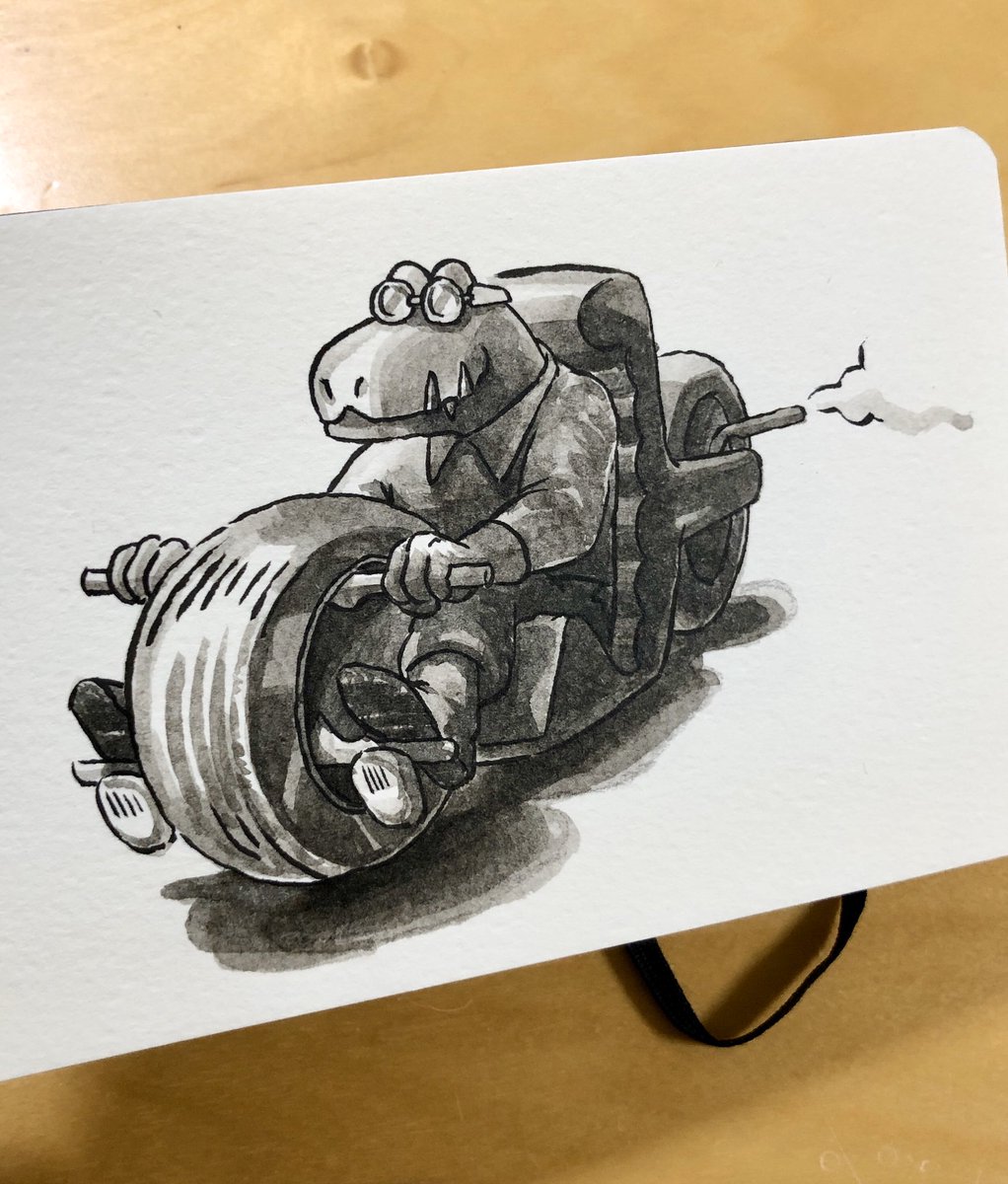 ムトウアキヒト 筆ペンで描いてみたよ バイクに乗った恐竜くん ブーン イラスト