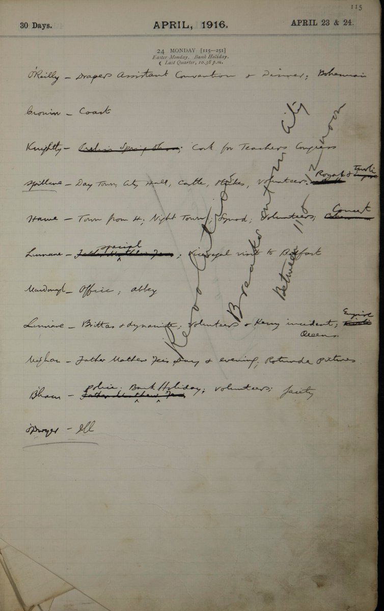 This image shows Independent Newspapers' newsroom diary entry on Monday 24 April, 1916 - the date on which the Easter Rising began. The note written across the length of the page reads 'Revolution breaks out in City between 11 and 12 noon'. #ActionArchives #ExploreYourArchive