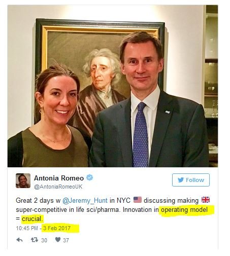  #NotForSale  #NHSNotforSaleBack to more recent events and NHS talks for Trade.Here was Jeremy Hunt in USA in 2017 with a trade secretary - Antonia Romeo.The NHS WAS DISCUSSED.. along with an 'Operating Model' for Pharma. Hunt has links too to Healthcare NGO 'think tanks'