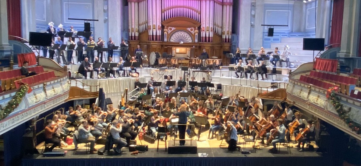 Philmb75's tweet photo. Rehearsals in full swing @HuddsTownHall for the first outing tomorrow night. With such a phalanx of brass players it must be #JanacekSinfonietta. The Orchestra @Opera_North with #SianEdwards in fine form. https://t.co/tYQyk9UAoC