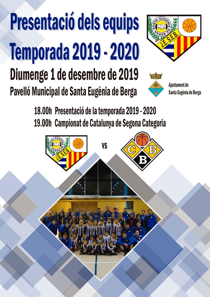 Aquest diumenge 1 de desembre
PRESENTACIÓ OFICIAL
TEMPORADA 2019-2020
A les 18.00h al Pavelló de Santa Eugènia

Us hi esperem!

#123santa #SEB
#BQOsonenc #Osona