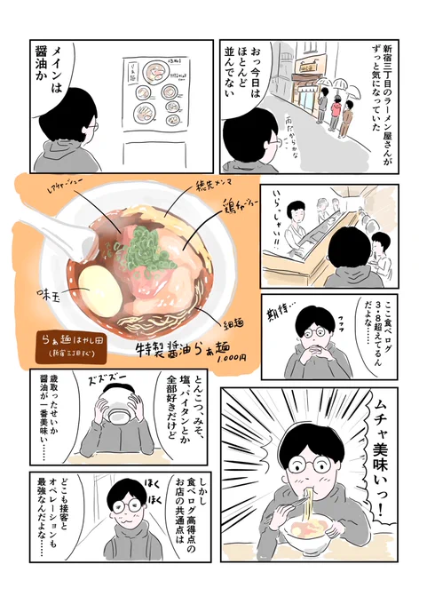 今日のマンガ。いつもかなり並んでるので行けなかったんですが、ついに食べることができました。雨の日はむしろ狙い目かな。新宿三丁目の「らぁ麺はやし田」。味はもちろん、接客とオペレーションが素晴らしかったです。#コルクラボマンガ専科 #1Pマンガ 