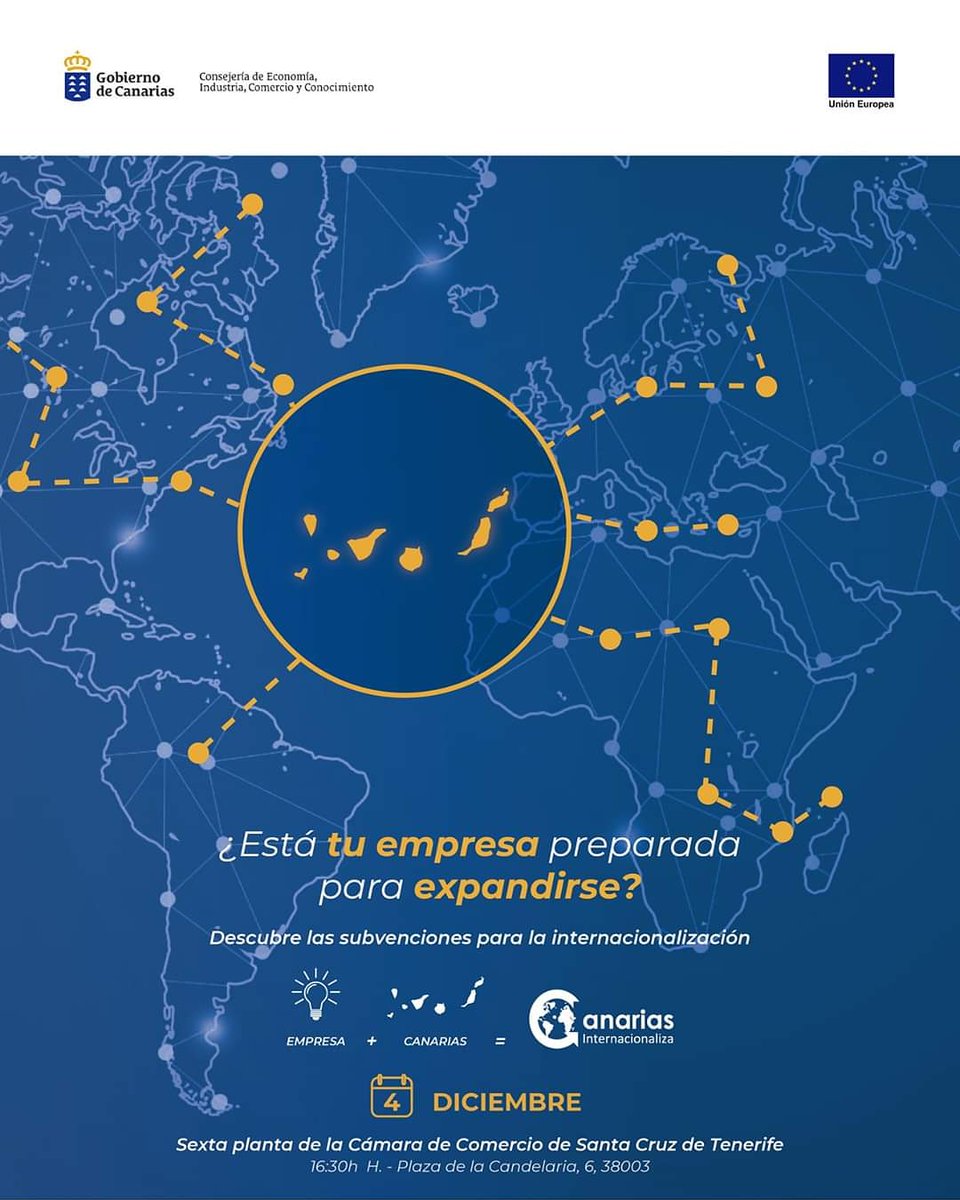 #Jornada | El próximo miércoles 4 de diciembre a las 16:30h en la @camaratenerife hablaremos de los programas de apoyo a la internacionalización disponibles para tu empresa.
👉 camaratenerife.com/component/form…

Colabora:  @jetenerife
