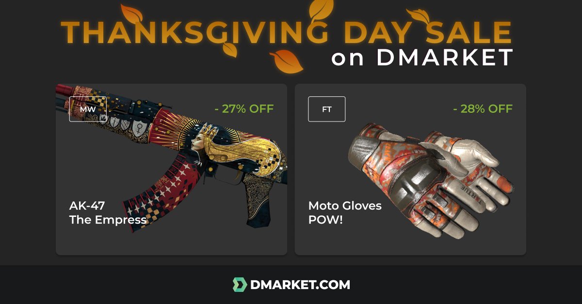 DMarket's tweet photo. Thank you for your trust, guys! Enjoy this holiday season &amp; get beautiful skins at the best prices:

🍂Knives - up to 31% off - https://t.co/54jRztQMLG
🍂Gloves - up to 34% off - https://t.co/SRTRoo05eJ
🍂More discounted skins - https://t.co/qKmuG9hAKN
#thanksgiving #gaming #csgo https://t.co/CHhwTuJrRu